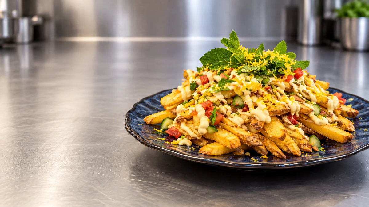 Bikini Fries mit Fetacreme und Tomaten-Gurkensalat bei Ute im Bikini in Kiel