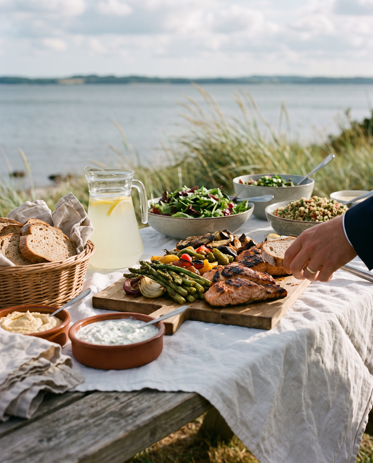Hochzeitsbuffet mit gegrilltem Lachs, Salaten und Limonade in Kiel